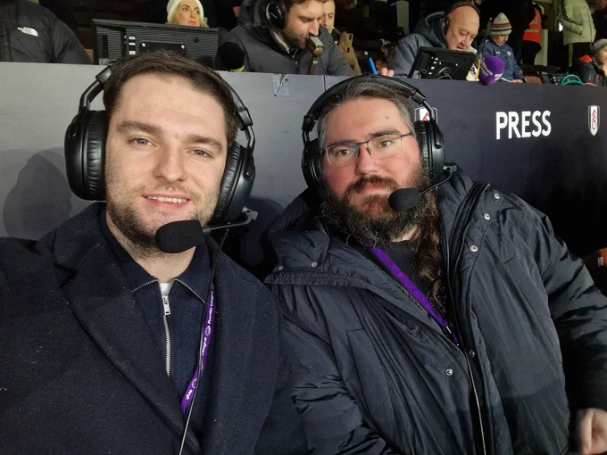 Commentators Sam and Alex in the press area 30 minutes before kickoff
