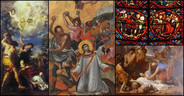 Left: The Martyrdom of Saint Stephen, 1660
Pietro da Cortona
Hermitage Museum, Saint Petersburg, Russia
Public domain / fair use via https://uploads6.wikiart.org/images/pietro-da-cortona/the-martyrdom-of-saint-stephen-1660.jpg!Large.jpg

Center: Philotheos Skoufos  (1620–1685)  
	The Stoning of Stephen (circa 1645 - 1685)
Egg tempera on wood
Baron Tositsa Museum of Metsovo
Creative Commons Attribution-Share Alike 4.0 International license. Via
https://metsovomuseum.gr/wp-content/uploads/2015/04/GE_826.jpg

Top right: Window depicting St. Stephen being stoned to death (stained glass)
French School, (13th century)
Saint-Etienne Cathedral, Bourges, France
Public Domain (75 years or more) / Fair use via meisterdrucke.ie
https://www.meisterdrucke.ie/kunstwerke/1260px/French_School_-_Window_depicting_St_Stephen_being_stoned_to_death_-_(MeisterDrucke-439503).jpg

Bottom right: Charles Le Brun  (1619–1690)  
Le Martyre de saint Étienne (The Martyrdom of St. Stephen)
La Lapidation de saint 