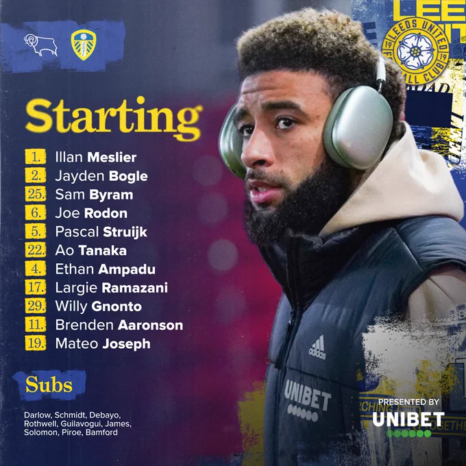Starting XI: Meslier, Bogle, Byram, Rodon, Struijk, Tanaka, Ampadu, Ramazani, Gnonto, Aaronson, Joseph