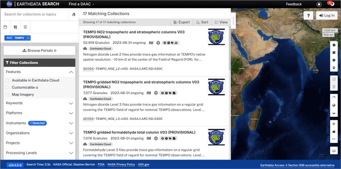 NASA Earthdata Search screenshot showing results for the new provisionally validated TEMPO datasets. 