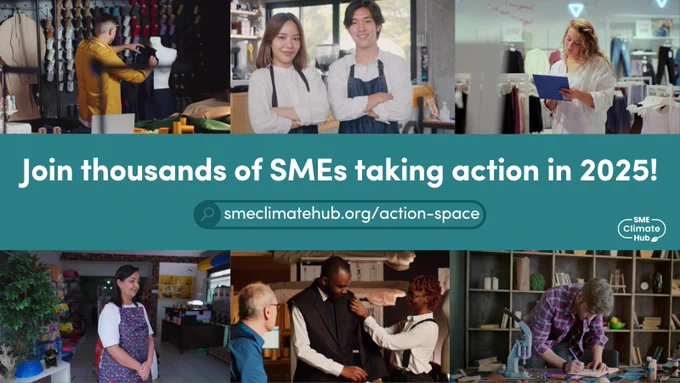 Collage of various small business scenes including a photographer, a pair of baristas, a tailor fitting a garment on a client, a florist arranging a bouquet, and a craftsperson in a workshop, with a promotional banner: "Join thousands of SMEs taking action in 2025! smclimatehub.org/action-space" for the SME Climate Hub.