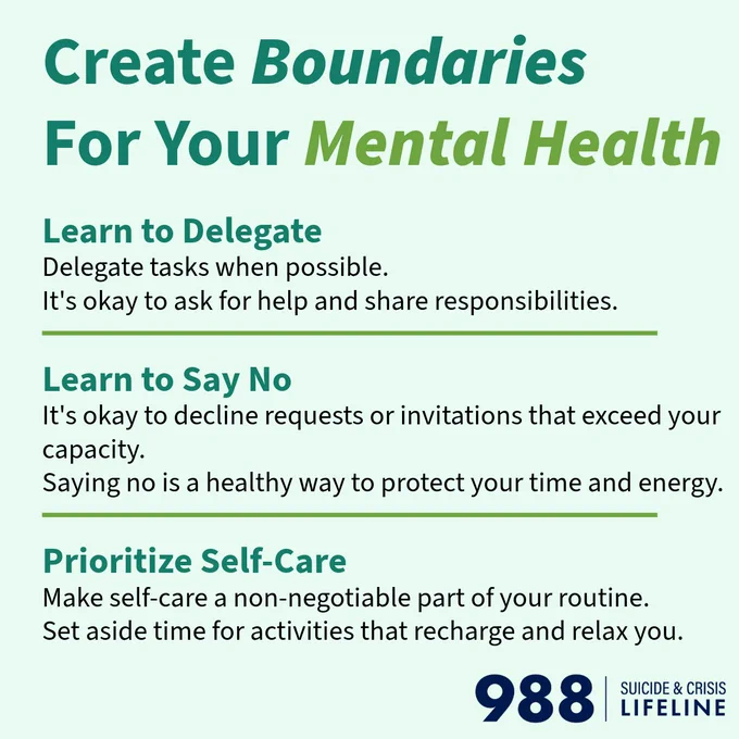 Create Boundaries For Your Mental Health
Learn to Delegate: Delegate tasks when possible. It's okay to ask for help and share responsibilities.
Learn to Say No: It's okay to decline requests or invitations that exceed your capacity. Saying no is a healthy way to protect your time and energy
Prioritize Self-Care: Make self-care a non-negotiable part of your routine. Set aside time for activities that recharge and relax you.