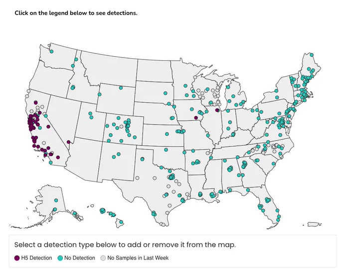 The map shows wastewater sampling sites where H5 bird flu has been detected.
