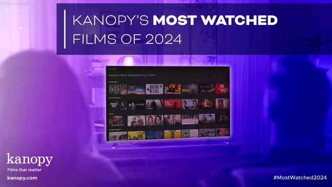 Silhouetted figure watching Kanopy's Most Watched Films of 2024 on a television, displayed with colorful thumbnails of movie covers.