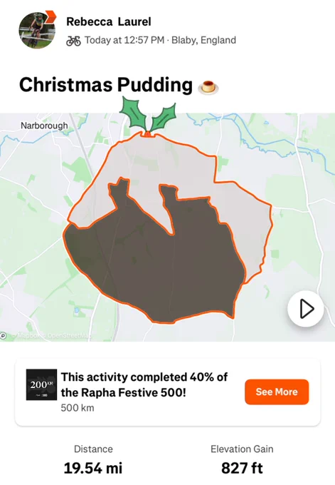 A screenshot from Strava. The activity is titled ‘Christmas pudding’ and is 19.54 miles. The route is shaped like a Christmas pudding and has been coloured in, 2 leaves of holly have been drawn on.