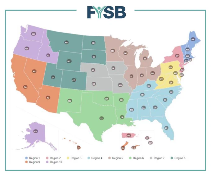 Color-coded map of the United States showing the ten regions of the Family and Youth Services Bureau (FYSB), each region highlighted in a different color.