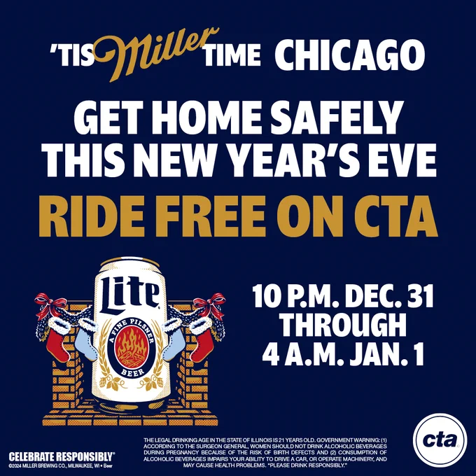 Get home safely this New Year's Eve
Ride free on CTA 10p.m. Dec. 31 through 4a.m. Jan. 1