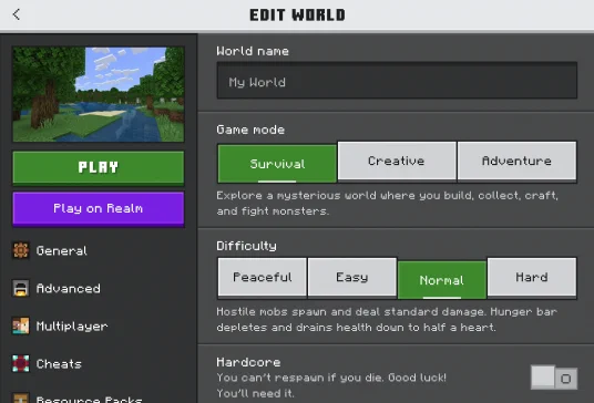 A fragment of a screenshot of the Ore UI version of the Edit World screen in Minecraft.