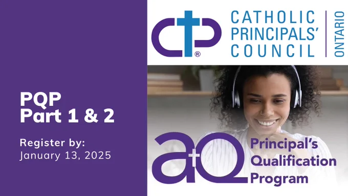 Purple graphic with white copy. 
PQP
Part 1&2
Register by: Jan. 13, 2025
Catholic Principals' Council of Ontario Logo
A Q Principal's Qualification Program logo.
Image of professional women seated, wearing headphones, looking down and smiling.