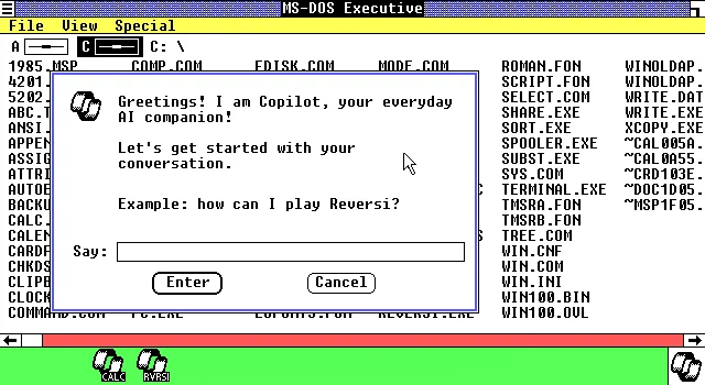 Fake Windows 1.01 screenshot, with Copilot stuff