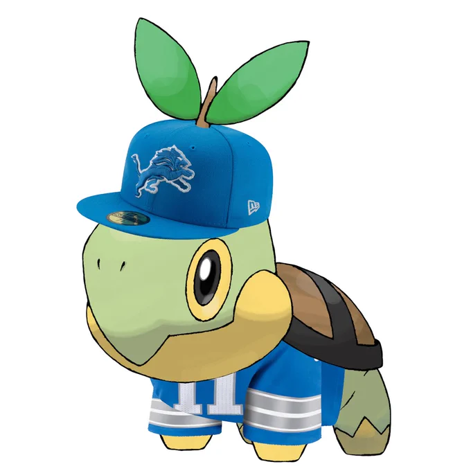 Turtwig wearing a Detoit Lions hat and jersey.