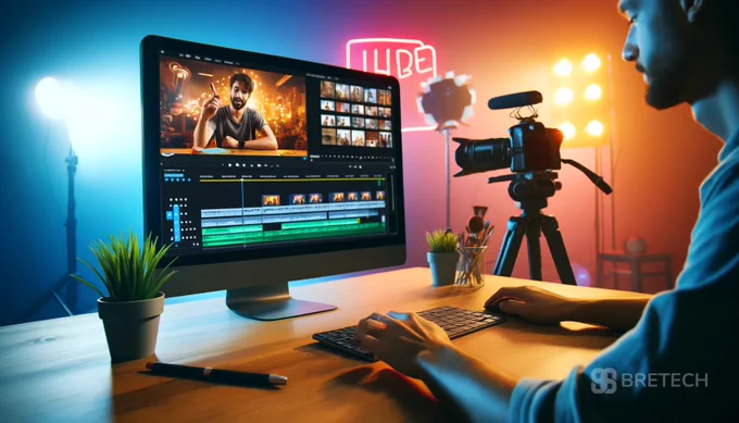 An engaging graphic featuring a laptop screen displaying a video editing interface, surrounded by vlogging equipment such as a camera, tripod, and microphone, with a text overlay that reads '9 Best Video Editing Software for Vlogging in Pakistan 2025.