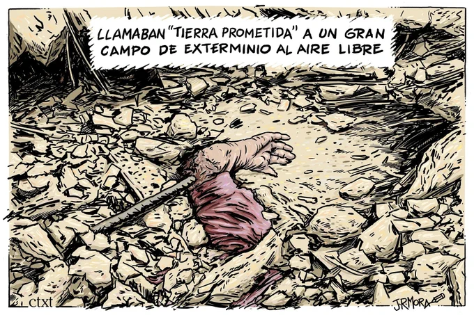 Leyenda: "Llamaban tierra prometida a un gran campo de exterminio al aire libre". Un brazo asoma entre los escombros.