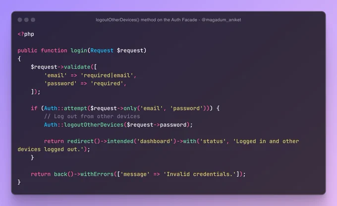 logoutOtherDevices() method on the Auth Facade