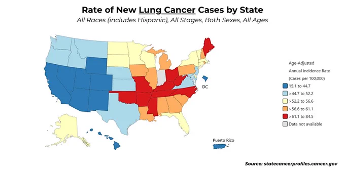 Map of the United States with a color-coded key indicating state-by-state rates of lung cancer. 
