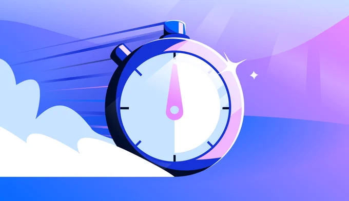 Illustration of a large stopwatch with a pink and blue color scheme, positioned at an angle against a stylized blue background with clouds and dynamic lines suggesting speed.