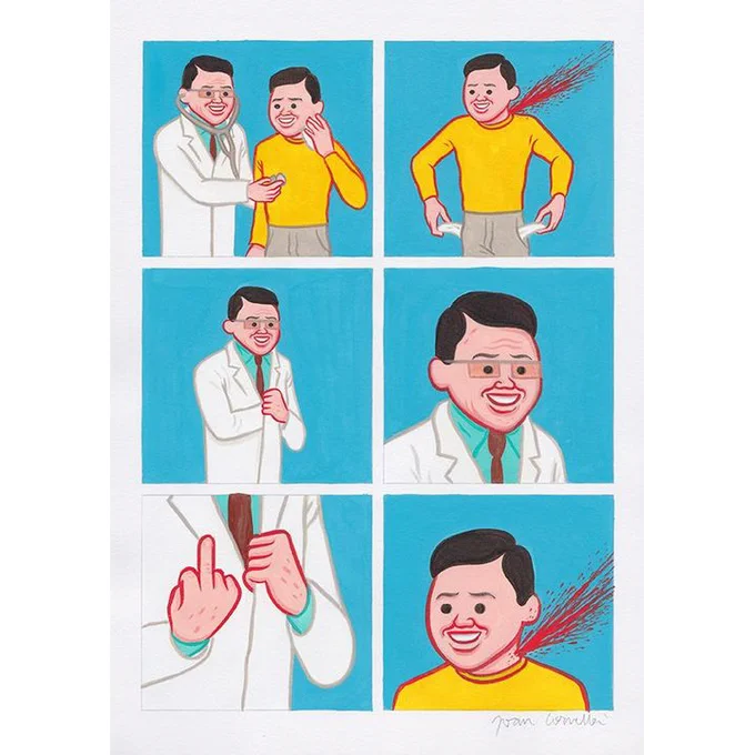 6 panel comic
1st panel - doctor checking patient's chest with stethoscope while holding a towel up to his bleeding neck
2nd panel - the patient releases towel from bleeding neck to check empty pockets and blood sprays everywhere. 
3rd panel - doctor looks in coat pocket
4th panel - close up of doctor's smiling face
5th panel - and pulls out a middle finger from his coat.
6th panel - patient continues to bleed
