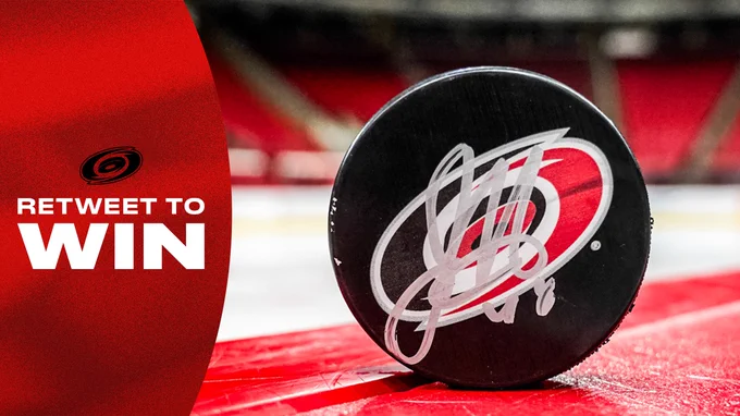 Graphic promoting a RT to win for a signed Jordan Martinook puck 