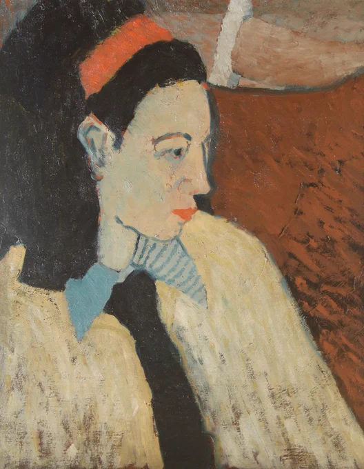 Portrait of Bet Low during her time as an art student, by fellow student Bill Henry. Bet is sitting in profile. She has dark shoulder length hair and is wearing a red headband, the brightness echoed in her bright red lips. Bet is wearing a cream shirt with a contrasting blue striped collar and a dark tie. Most of the background is dark red painted in diagonal brushstrokes.
