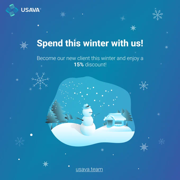 Snowy winter background, people working, text about 15% discount, team at computers, successful business, productive winter, client offer, customer care, 24/7 support, business growth.