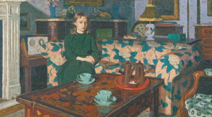 A painting of a figure sat on a floral sofa in a cosy living room. There is a pot of tea and two tea cups on the table in front.