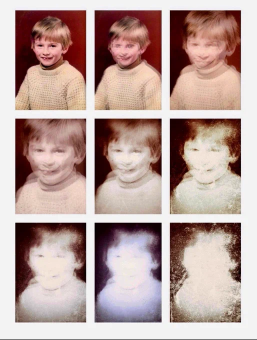 Nine copies of the same nostalgic school photo of James as a child. He has blonde hair cut in a bowl cut, a toothy smile, and he is wearing a white knitted jumper. In each image, the photo gets progressively more blurred and distorted, until James is no longer recognisable.