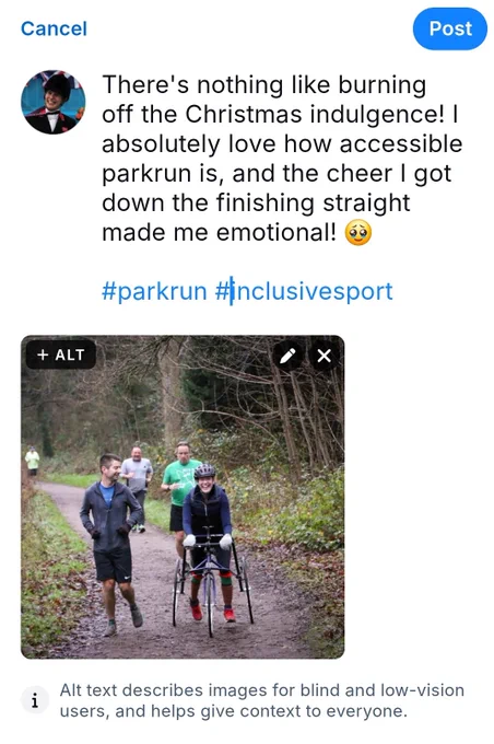 A screenshot of a Bluesky post with a description saying "Alt text describes images for blind and low-vision users, and helps give context to everyone."