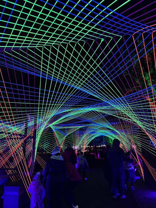 Strings lit up to look like a blanket of lasers with people walking underneath | Llinynnau wedi'u goleuo i edrych fel blanced o laserau dros ben pobl yn cerdded oddi tano