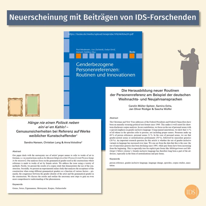 Abgebildet ist das Cover der Neuerscheinung gemeinsam mit Einblicken in die beiden Beiträge von IDS-Forschenden.