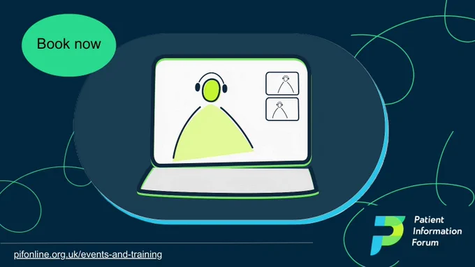 A dark blue background. In the top left corner is a green oval with the words “Book now” in the centre. In the middle of the image is an illustration of someone attending online training.  In the bottom left is the website address pifonline.org.uk/events-and-training. In the bottom right is the PIF logo.