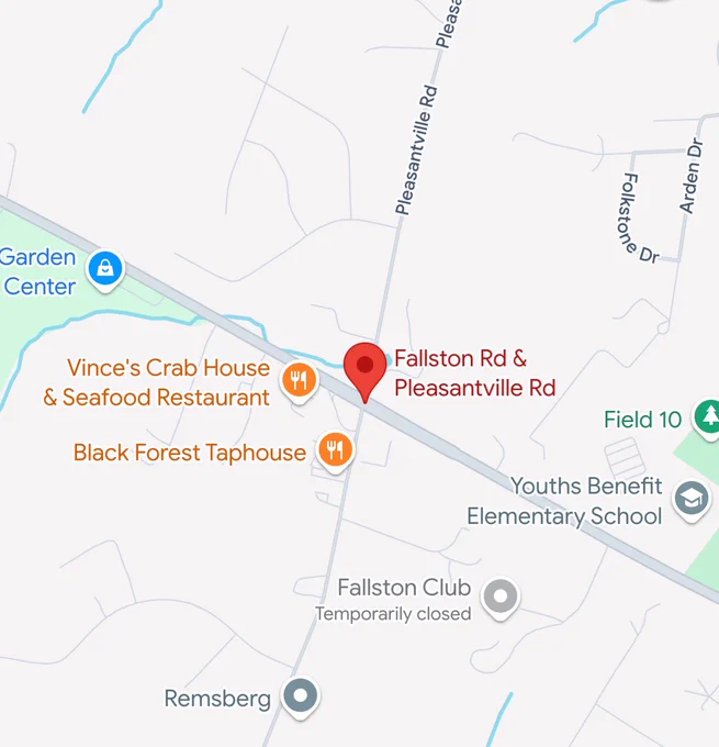 Map with pinpoint at Fallston Rd & Pleasantville Rd