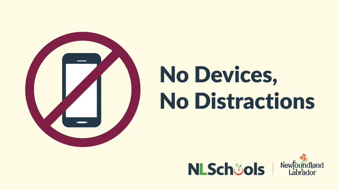 A photo of a smart phone with a circle around it and line through the image. Text: No Devices, No Distractions