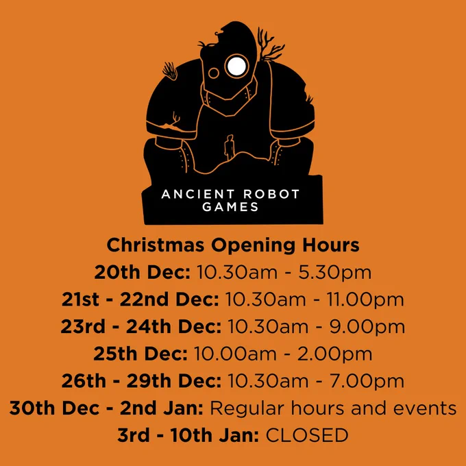 Logo of the Edinburgh board game shop Ancient Robot Games: a robot and a player standing in front of it. Underneath the logo is a list of the Christmas opening hours.