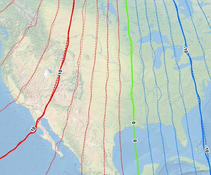 Declination values for WMM2025 (dashed lines) and WMMHR2025 (solid lines) plotted together at 2 degree contours over North America.