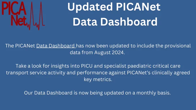 Dark blue background, with white text. Featuring the red PICANet logo. 
The text reads: The PICANet Data Dashboard has now been updated to include the provisional data from August 2024. 

Take a look for insights into PICU and specialist paediatric critical care transport service activity and performance against PICANet’s clinically agreed key metrics.

Our Data Dashboard is now being updated on a monthly basis. 