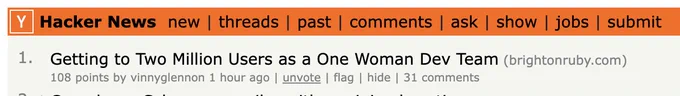 Nadia Odunayo’s Brighton Ruby talk "Getting to Two Million Users as a One Woman Dev Team" is #1 on Hacker News