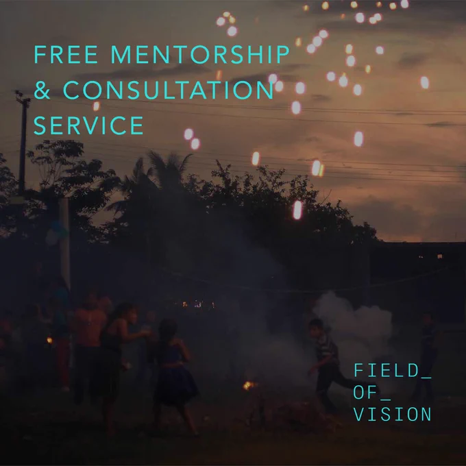 A group of people gather outdoors around a small bonfire at dusk. Children are running and playing. Fireworks light up the sky. Text reads, "Free Mentorship & Consultation Service - Field of Vision." 