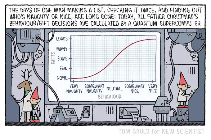Caption: The days of one man making a list, checking it twice, and finding out who's naughty or nice, are long gone: today, all Father Christmas's behaviour/gift decisions are calculated by a quantum supercomputer.

Image: elf and reindeer scientists operate an enormous computer. On screen is a graph. The x-axis is labelled 'Behaviour' and is marked Very Naughty, Somewhat Naughty, Neutral, Somewhat Nice and Very nice. The y-axis is labelled 'Gifts' and is marked None, Few, Some, Many and Loads. A red line curves through the graph.