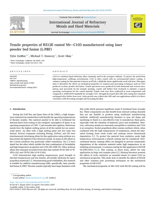 Tensile properties of R512E coated Nb—C103 manufactured using laser powder bed fusion (L-PBF).