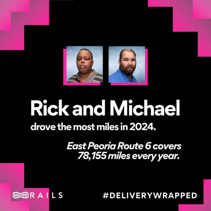Headshots of Rick Burnside and Michael Branchfield. Rick and Michael drove the most miles in 2024. East Peoria Route 6 covers 78,155 miles every year. Rails #DeliveryWrapped. 