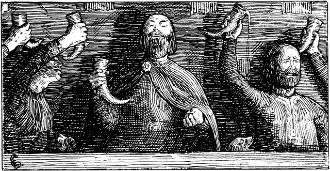 Black and white woodcut print showing a drinking hall scene with men raising their drinking horns.
Drinking scene by Halfdan Egedius from the 1899 edition of the J.M. Stenersen & Co. Heimskringla (Public Domain). https://commons.wikimedia.org/wiki/File:Olav_Tryggvasons_saga_-_Sigvalde_jarl_-_H._Egedius.jpg