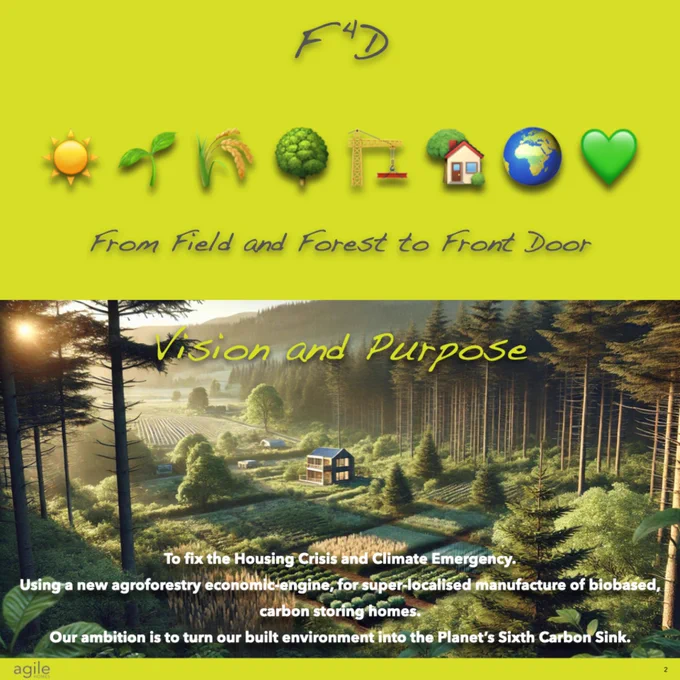 This image showcases two sections promoting F4D’s sustainable vision. The top section has a bright yellow background with the F4D logo and a series of emojis (sun, plants, crops, tree, crane, house, globe, and heart). The slogan reads: “From Field and Forest to Front Door”.

The bottom section features a scenic digital illustration of a forested landscape with fields, houses, and trees. The heading says “Vision and Purpose”, followed by a mission statement: F4D aims to address the housing crisis and climate emergency through agroforestry, carbon-storing homes, and local manufacturing, contributing to a greener planet.