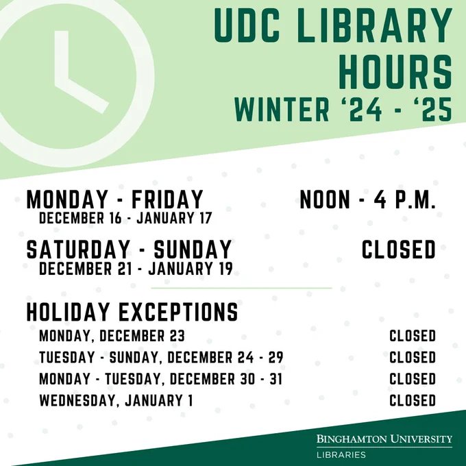 Green and white striped design with illustration of a clock. Text says: UDC Library Hours. Winter '24-'25. Monday through Friday, December 16 through January 17. noon to 4 p.m. Saturday through Sunday, December 21 through January 19. Closed. Holiday Exceptions. Monday, December 23. closed. Tuesday through Sunday, December 24 through 29. Closed. Monday through Tuesday, December 30 through 31. Closed. Wednesday, January 1 Closed.