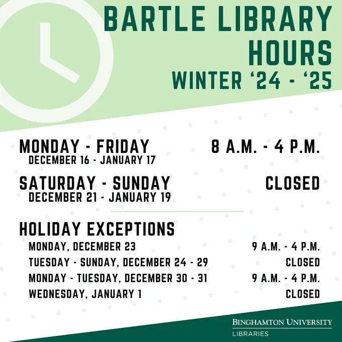 Green and white striped design with illustration of a clock. Text says: Bartle Library Hours. Winter '24-'25. Monday through Friday, December 16 through January 17. 8 a.m. to 4 p.m. Saturday through Sunday, December 21 through January 19. Closed. Holiday Exceptions. Monday, December 23 9 a.m. to 4 p.m. Tuesday through Sunday, December 24 through 29. Closed. Monday through Tuesday, December 30 through 31. 9 a.m. to 4 p.m. Wednesday, January 1 Closed.
