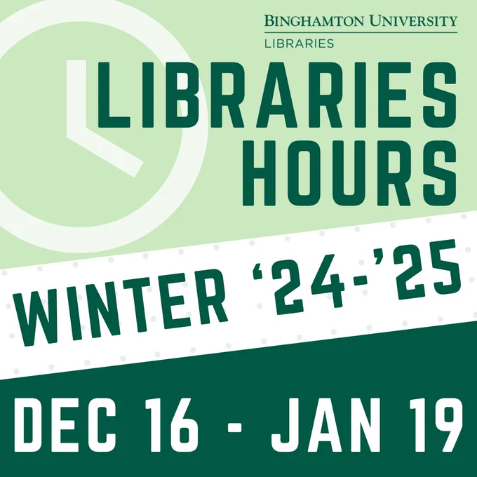 Green and white striped design with illustration of a clock. Text says: Libraries Hours. Winter '24-'25. December 16 - January 19.