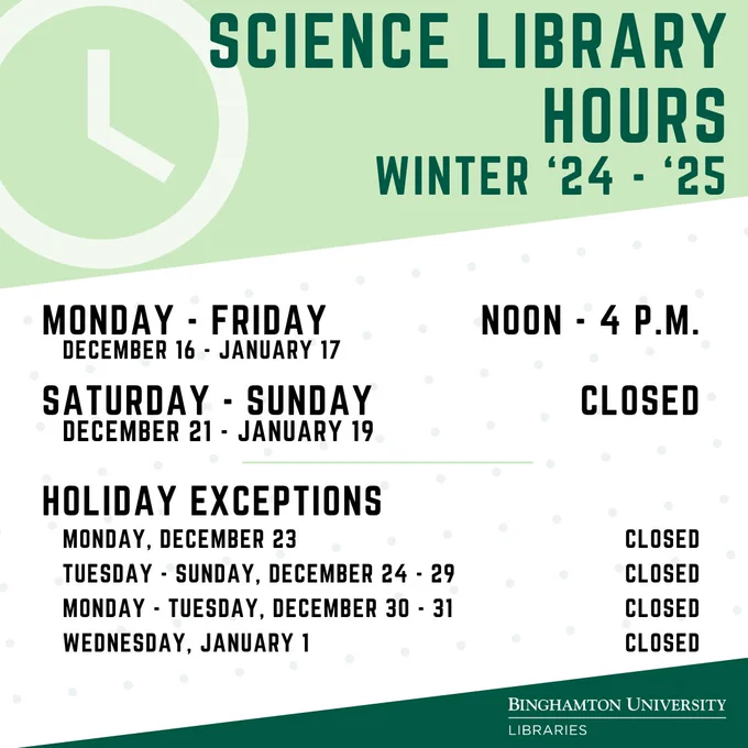 Green and white striped design with illustration of a clock. Text says: Science Library Hours. Winter '24-'25. Monday through Friday, December 16 through January 17. noon to 4 p.m. Saturday through Sunday, December 21 through January 19. Closed. Holiday Exceptions. Monday, December 23. closed. Tuesday through Sunday, December 24 through 29. Closed. Monday through Tuesday, December 30 through 31. Closed. Wednesday, January 1 Closed.