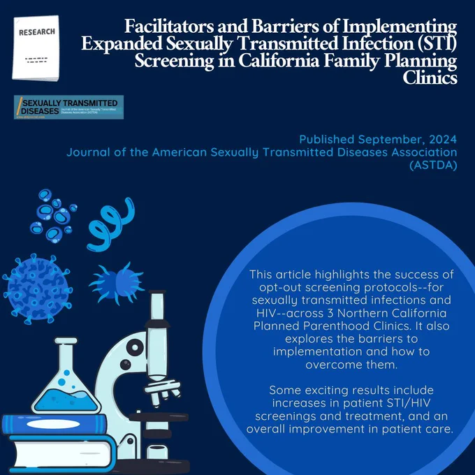 More information on Facilitators and Barriers of Implementing Expanded Sexually Transmitted Infection Screening in California Family Planning Clinics, published September 2024. 