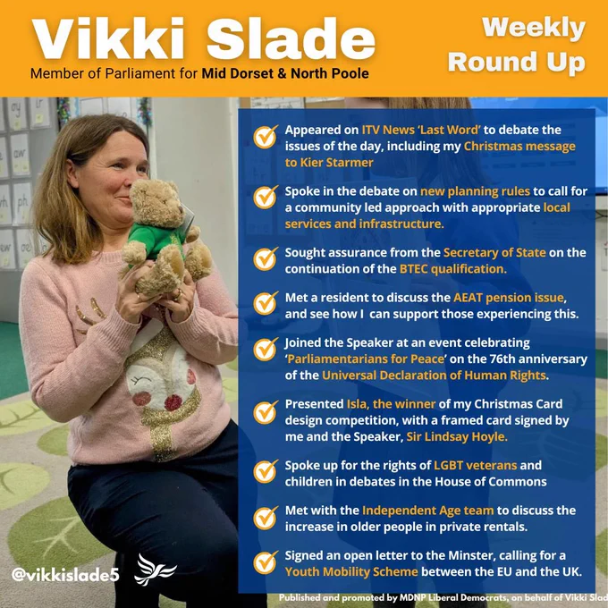 Vikki presenting a parliamentary teddy bear at a school alongside a list of activities in Westminster and in mid Dorset and north poole