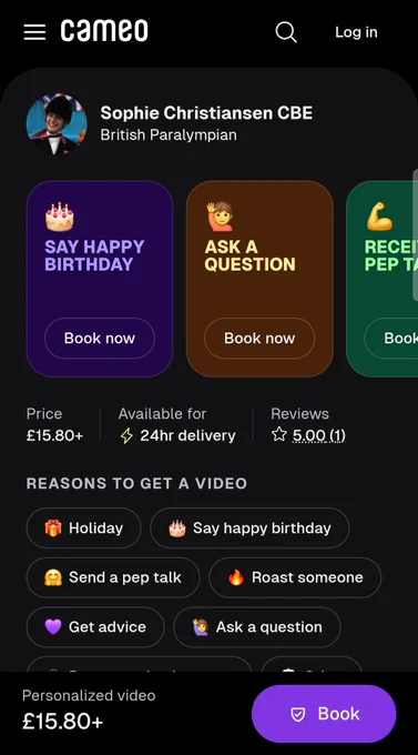 Screenshot of Sophie’s profile on Cameo