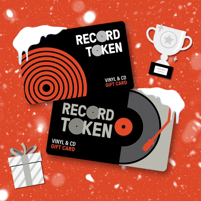 An orange background with a snowy festive overlay. Two Record Tokens gift cards are featured, with a trophy and a gift-wrapped present.